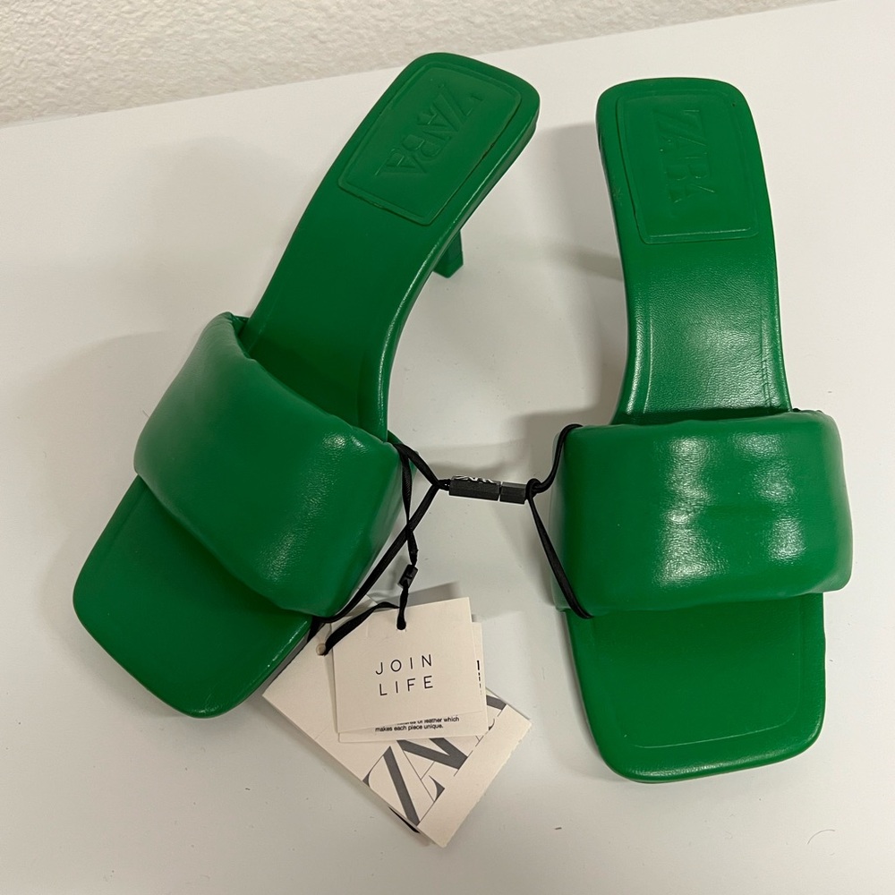 Zara Emerald Green Padded Square-Toe Mid-Heel Slides